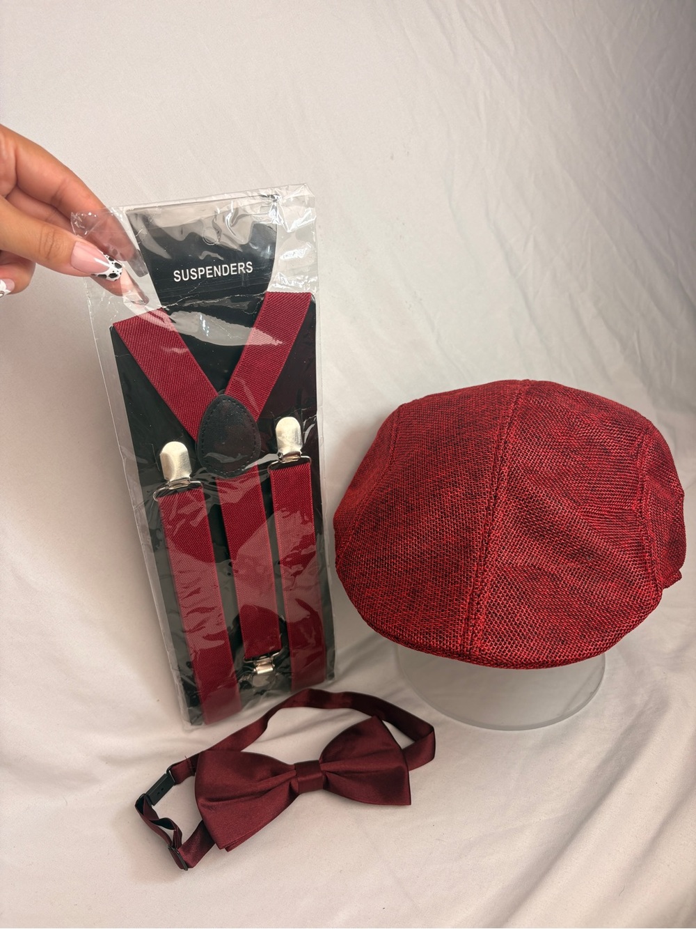 Red Tweed Newsboy Cap with Matching Suspenders & Bow Tie
